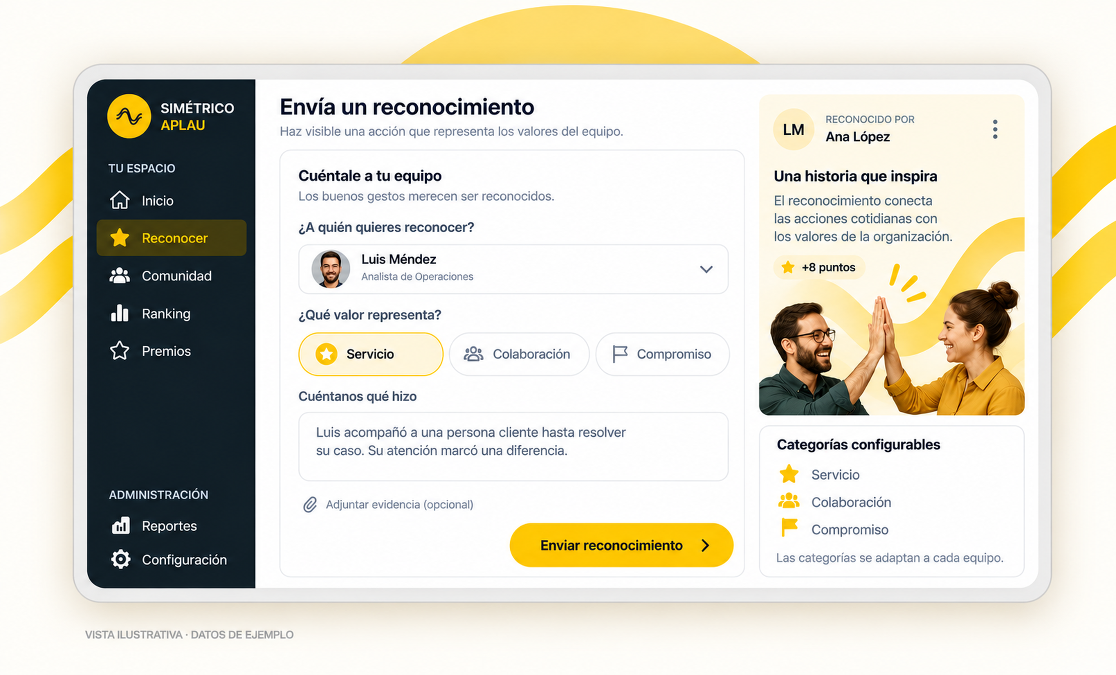 Mockup de APLAU para enviar un reconocimiento y destacar una acción que refleja los valores del equipo